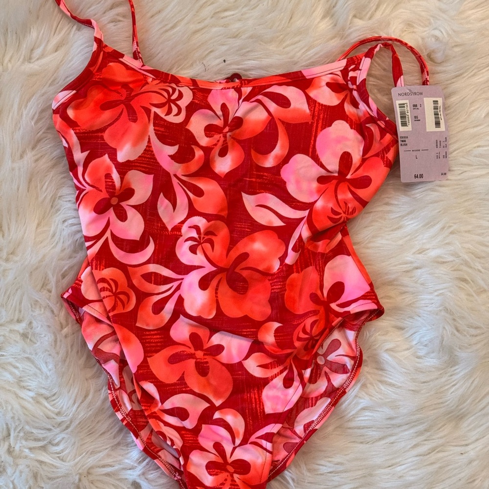 Quiksilver Red and Pink One-Piece Swimsuit with Tropical Print